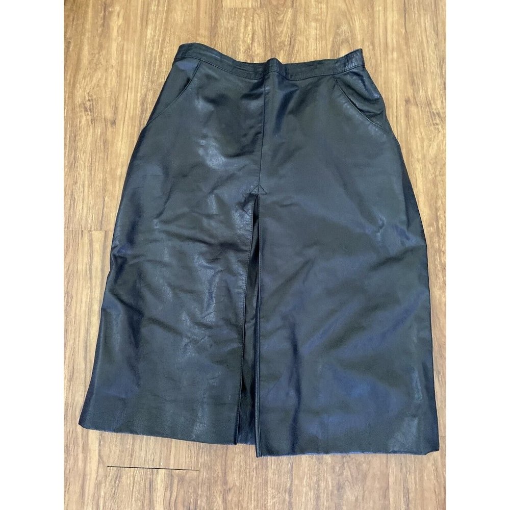 Beged -Or Israel‎ Vintage Black Midi Pleat Leather Pencil Skirt 14 More Like 6